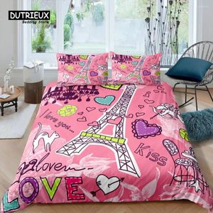 Conjuntos de ropa de cama Home Living Luxury 3D Pink Paris Set Girl Funda nórdica Funda de almohada Niños Reina y Rey Tamaño UE / EE. UU. / AU / Reino Unido