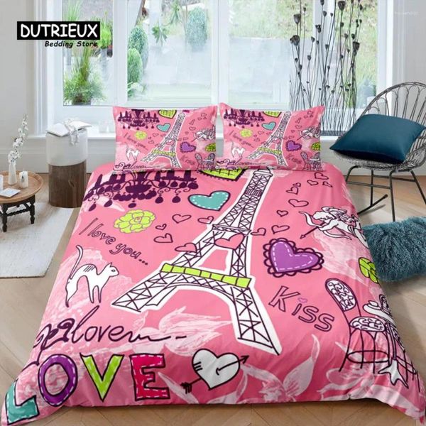 Ensembles de literie Home Living Luxe 3D Rose Paris Ensemble Fille Housse de couette Taie d'oreiller Enfants Reine et Roi Taille UE/US/AU/UK