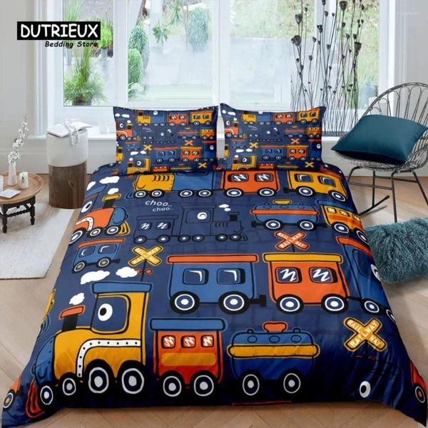 Conjuntos de ropa de cama Home Living Juego de tren 3D de lujo Locomotora Funda nórdica Funda de almohada Reina y Rey Tamaño EU / US / AU / UK Edredón