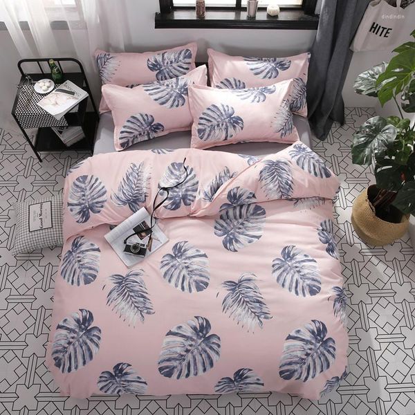 Ensembles de literie maison ensemble Pinkgrey feuille linge de lit 3 ou 4 pc/ensemble housse de couette bleu oiseau rayure literie draps de fleurs