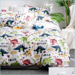 Juegos de cama Textiles para el hogar Juegos de cama de dinosaurios de dibujos animados Juego de cama para niños Ropa de cama Edredón Er Funda de almohada / Cama S Drop Delivery 2022 Dh1Ux