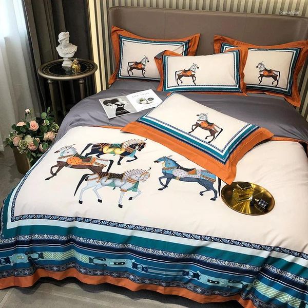 Conjuntos de ropa de cama Home Textil Algodón egipcio Luxury Euro juego de caballos King Size Línea de cama Satinada Satinada Cubierta nórdica/Hoja plana/funda de almohada 4 piezas
