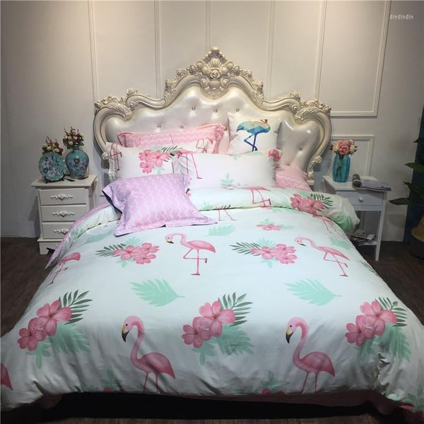 Juegos de cama Textiles para el hogar Patrón de flamenco Ropa de cama Algodón Blanco Rosa Princesas Chica Funda nórdica Funda de almohada Sábana ajustable
