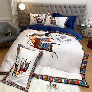 Juegos de ropa de cama Textiles de casa Luxury 800TC Caballo egipcio Línea de cama de algodón Juego blanco con funda de almohada/sábana/cubierta de edredón nórdico 220x240