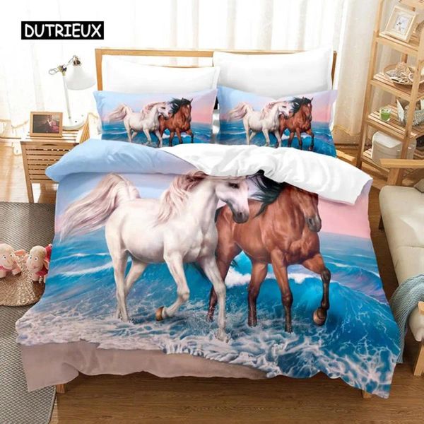 Conjuntos de ropa de cama Juego de funda nórdica de caballo Estampado blanco y marrón Patrón de animales salvajes Granja Cowboys Queen Edredón de poliéster