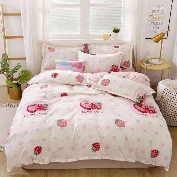 Ensembles de literie je t'aime rose ensemble Super doux coréen housse de couette feuille impression point doux fraise literie jeune fille lit mignon