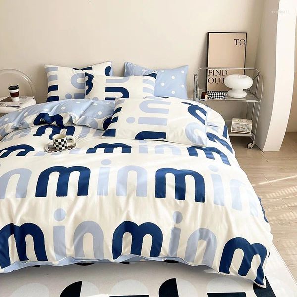 Juegos de ropa de cama Ins-Juego de funda de edredón de algodón con letras en blanco y negro, cama estilo Ins respetuosa con la piel, 200x230cm