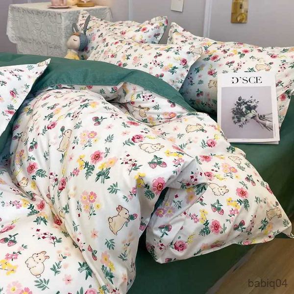 Ensembles de literie Ins ensemble de literie florale ensemble de housse de couette double pleine reine taille filles femmes lit drap plat cas Kawaii lapin housse de couette