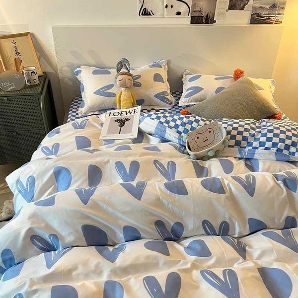 Ensembles de literie Ins Nordic Blue Heart Housse de couette Home Textile Case Drap de lit Enfants Filles Literie Covers Set King Queen Twin Cute Kawaii Z0612