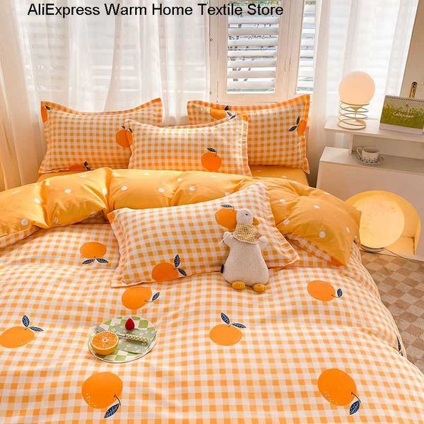 Juegos de cama INS Orange Checkerboard Funda nórdica Fundas de sábanas Twin Full Double Size Floral Juego de cama Decoración Hogar para niños Niñas Z0612