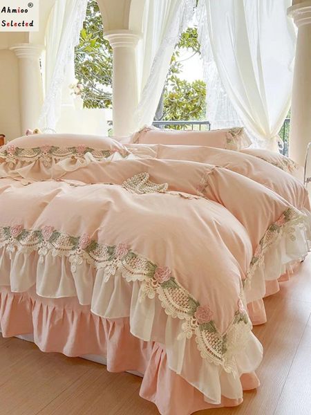 Sets de ropa de cama Ins Pink Confiebrible Soft Algodón Flores Flores Bordado de encaje Bordado de la almohadilla de almohada de almohadilla de la cama