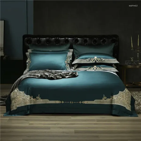 Conjuntos de ropa de cama Juego de cama de edredón bordado de lujo de gama alta italiana Juego de cama 1400TC Edredón de algodón Sedoso Sábana plana
