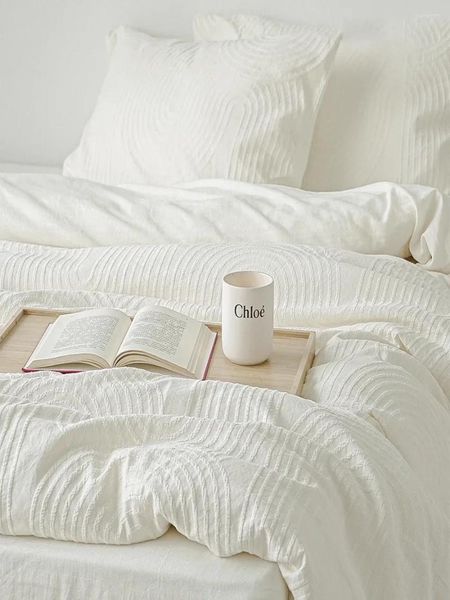 Juegos de ropa de cama Estilo japonés Wabi-Sabi Juego de ropa de cama de algodón blanco de primera calidad Edredón crema francés elegante Funda nórdica para dormitorio moderno