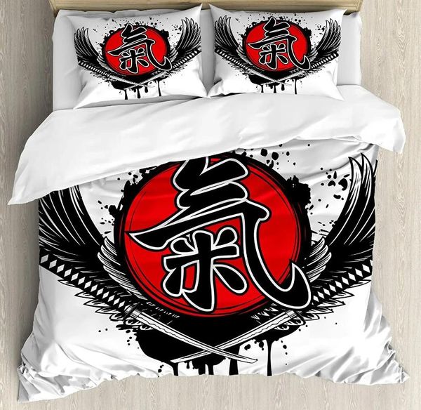 Conjuntos de ropa de cama Japonés 3pcs Set Crossed Samurai Swords Wings con viejo edredón Cubierta de cama Edredón Funda de almohada Edredón