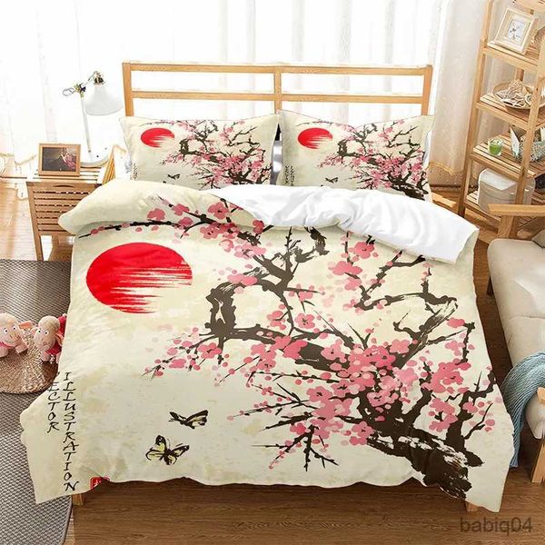 Ensembles de literie Housse de couette japonaise Branche d'un arbre Sakura florissant Fleurs de cerisier Printemps Art Ensemble de literie en polyester Full/King Size