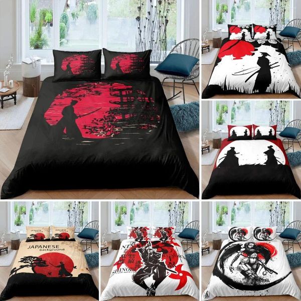 Ensembles de literie Ensemble de samouraï japonais Japon Coucher de soleil Paysage Bâtiment Silhouette Housse de couette pour hommes adolescents Noir Rouge