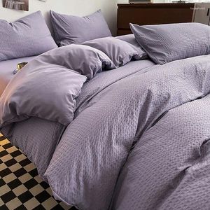 Conjuntos de ropa de cama Japonés Simple Color Sólido Waffle Cubierta de edredón Lavable Cama de algodón Juego de 4 piezas con sábana de almohada Dormitorio de niña