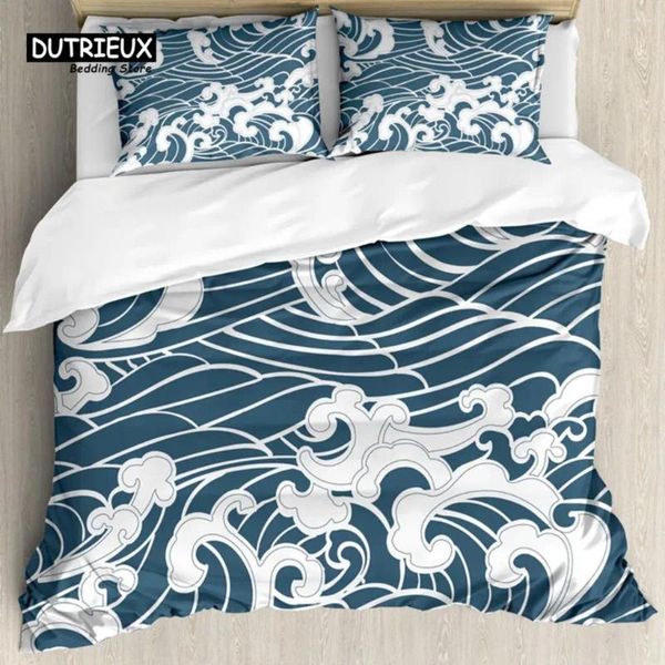Conjuntos de ropa de cama Conjunto de ondas japonesas Funda nórdica Funda de almohada Oriental Vintage Monocromo Kanagawa Inspirado Arte antiguo Decoración de dormitorio