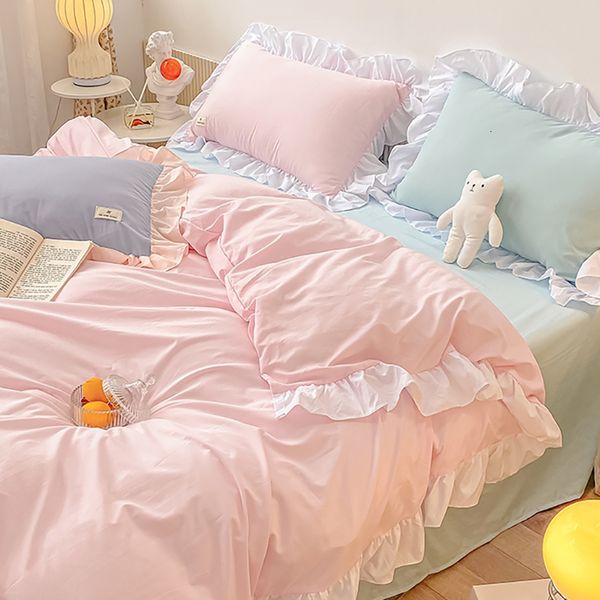 Ensembles de literie Kawaii Ensemble de literie rose Couvre-lits Polyester Twin Full Queen Size Mignon Drap de lit double Taie d'oreiller Chambre Housse de couette 230227