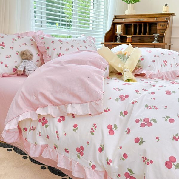 Set di biancheria da letto Kawaii Princess Set in puro cotone Full Size Lovely Ruffles Copripiumino singolo doppio Copripiumino per ragazze Donna Set accogliente 230921