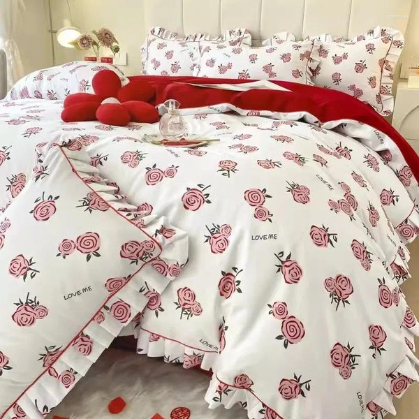 Conjuntos de ropa de cama King Size Set Algodón Rojo Boda Floral Impreso Ropa de cama Ropa de cama Sábanas y fundas de almohada