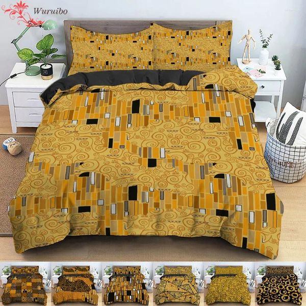 Conjuntos de ropa de cama cubierta nórdica de estilo klimt con funda de almohada abstracta geométrica color amarillo brillante colchas de colcha de impresión