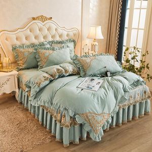 Ensembles de literie Corée Ensemble de dentelle Coton Vert Chambre Queen King Size Housse de couette Couvre-lit matelassé romantique avec 2 taies d'oreiller