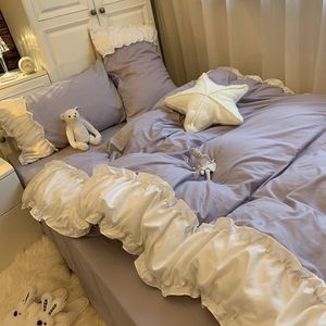 Juegos de cama Corea Princesa Viento Púrpura Dormitorio Juegos de cama Kawaii Sábana Funda nórdica 34 Piezas Decoración del hogar Algodón lavado 5 colores 230324