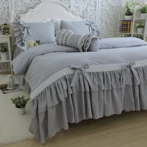 Ensembles de literie coréenne en coton sergé ensemble Grand Lotus Leaf Grey Bedpread Broidered Lace Bowknot Luxury Princess Quilt Cover HM-15S