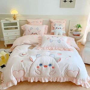 Ensembles de literie coréen mignon coton lavé 4 pièces ensemble tissu apposé brodé housse de couette drap de lit 3 pièces filles