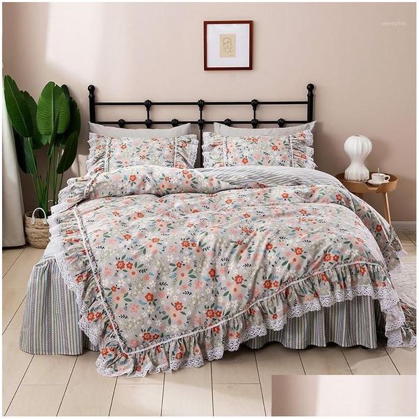 Conjuntos de ropa de cama Princesa coreana Volantes de encaje Conjunto de estilo de falda floral Algodón puro Pastoral Ropa de Cama Couvre Lit Edredón Er Set1 Drop Del Otefg