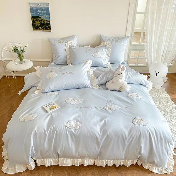 Ensembles de literie Style princesse coréenne 3 pièces coton à longues fibres 4 ensemble tissu apposé brodé housse de couette drap de lit fille