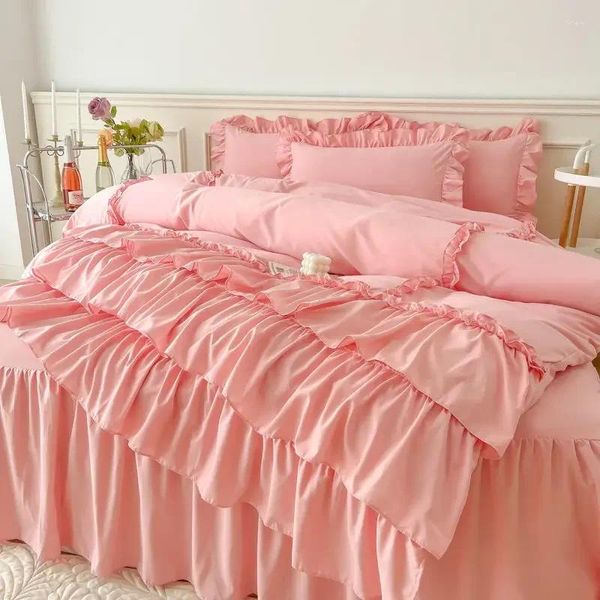 Conjuntos de ropa de cama Conjunto de estilo princesa coreano Puntada de encaje Volantes Ropa de cama Tamaño de EE. UU. Decoración de la habitación Funda de edredón doble Falda Fundas de almohada