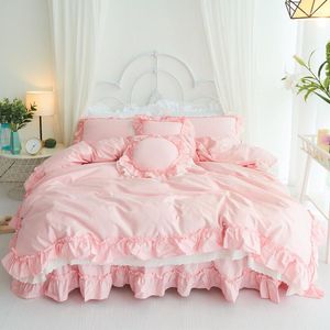 Ensembles de literie Style coréen ensemble rose luxe couleur unie dentelle princesse coton égyptien housse de couette couvre-lit jupe de lit taies d'oreiller