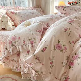 Bedding Sets Korean Style Pure Cotton Floral Ruffles Set 200X230 Duvet Cover 1.5M/1.8M/2M Quilted Bed Skirt Bedspread Pillowcases