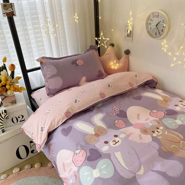 Ensembles de literie Kuup Kawaii lapin imprimé parure de lit housse de couette florale taie d'oreiller ensemble de literie Kawaii drap de lit housse de couette simple reine roi taille 231212