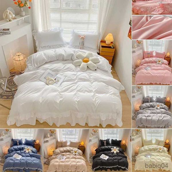 Juegos de ropa de cama Falda de cama de encaje Colcha de princesa de lujo para niña Tamaño Queen King Sábanas ajustables de primavera Funda de colchón de cama Ropa de cama retro con falda