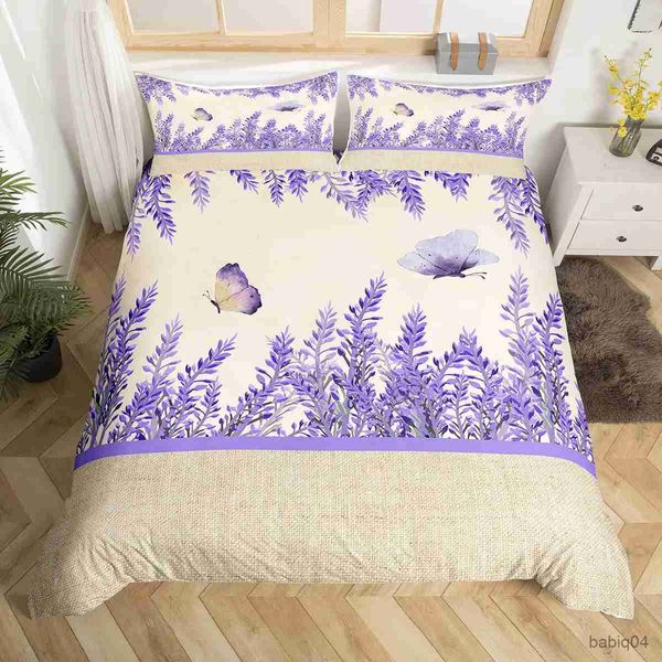 Juegos de ropa de cama Lavanda King Queen Funda nórdica Flor morada Mariposa Juego de cama Funda de edredón floral de mármol abstracto Funda de edredón de poliéster