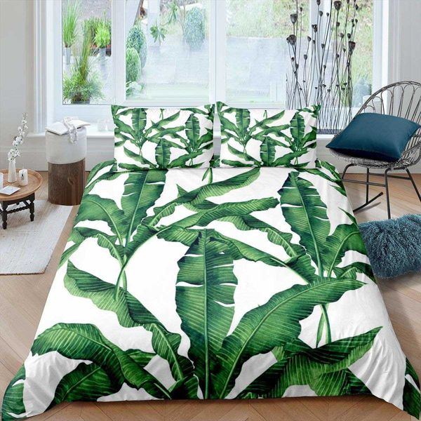 Juegos de ropa de cama, funda nórdica con hojas, juego de cama completo con hojas de plátano, hojas tropicales, ramas verdes, funda de edredón de 2/3 Uds.