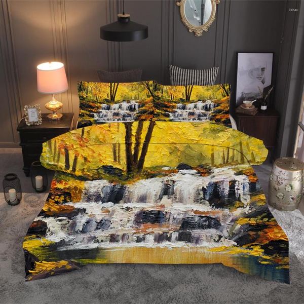 Conjuntos de ropa de cama Conjunto de hojas Árboles de otoño Funda nórdica Acuarela Pintura al óleo Edredón Lienzo Impresión Vintage Cama Colcha