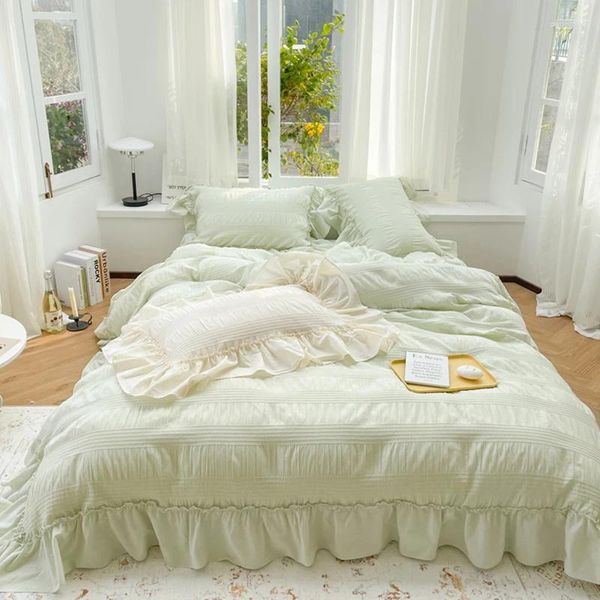 Juego de ropa de cama Sesucker Light Green Seersucker Capas de cama y fundas de almohadas Cubierta de colchas de calidad para niñas para niñas