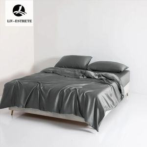 Conjuntos de cama Liv-Esthete 100% Silk Bedding Set Dark Grey Quilt Duvet Cover Set Queen King Fronha Folha Plana Conjunto de Roupa de Cama 4 PCS 231216