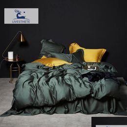 Ensembles de literie Livesthete vert foncé 100% soie ensemble sain pur luxe reine roi couette er drap plat taie d'oreiller linge de lit livraison directe Dhdua