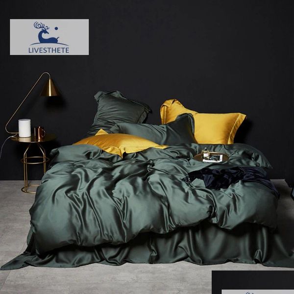 Conjuntos de ropa de cama Livesthete Verde oscuro 100% Conjunto de seda Saludable Puro Lujo Reina Rey Edredón Er Hoja plana Funda de almohada Ropa de cama Entrega de gotas DHDUA