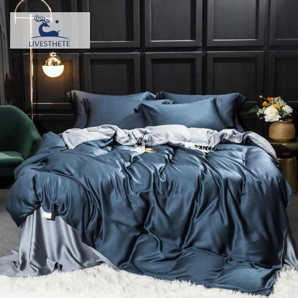 Juegos de cama LivEsthete Luxury 100 Silk Blue Grey Juego de cama Beauty Best For Skin Care Queen King Funda de edredón Juego de ropa de cama Z0612