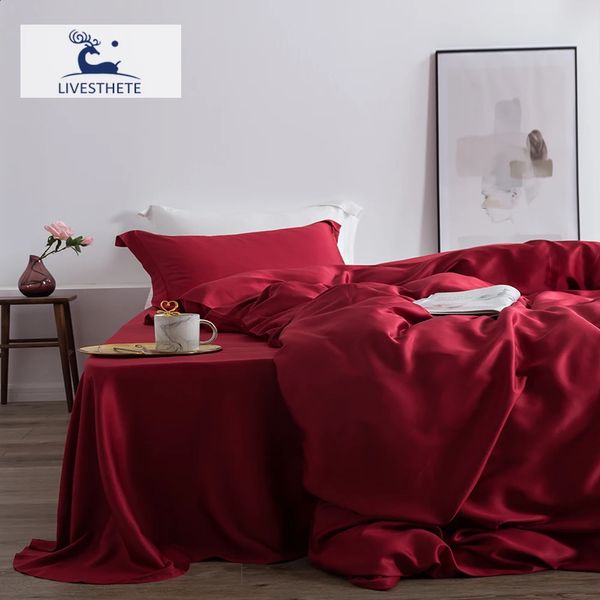 Ensembles de literie LivEsthete vin rouge 100% soie ensemble de literie femmes beauté saine housse de couette ensemble drap plat linge de lit pour parure de lit saine 4 pièces 231118