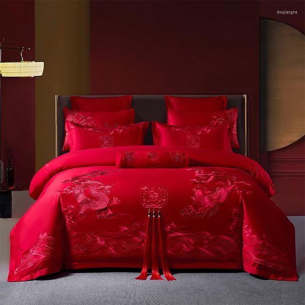 Juegos de cama Loong Phoenix bordado boda china puro rojo borlas algodón conjunto 4/6/8 Uds edredón/edredón sábana funda de almohada