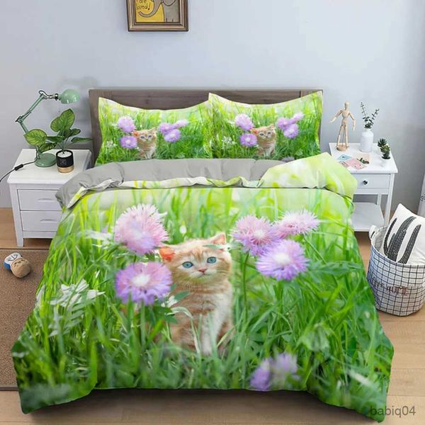 Ensembles de literie Joli bébé chat ensemble de literie 3D chaton fleur linge de lit simple Double reine Double pleine taille housse de couette ensemble enfants filles chambre décor