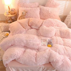 Beddengoed sets mooie pure kleur winter warme set pluche kawaii dekbedovertrek met vellen quilt en kussensloop warmte bed