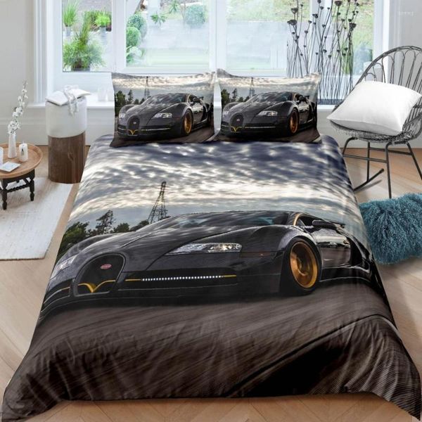 Ensembles de literie Ensemble de voiture de sport de luxe Noir Blanc Vélo de course Linge de lit Housse de couette en polyester avec taie d'oreiller pour adolescents Adultes Décor